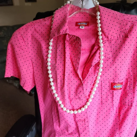 Y2K Dickies Sz M Barbie Pink Black Polkadot Buttondown Dress Worksiren Festival - Picture 13 of 14
